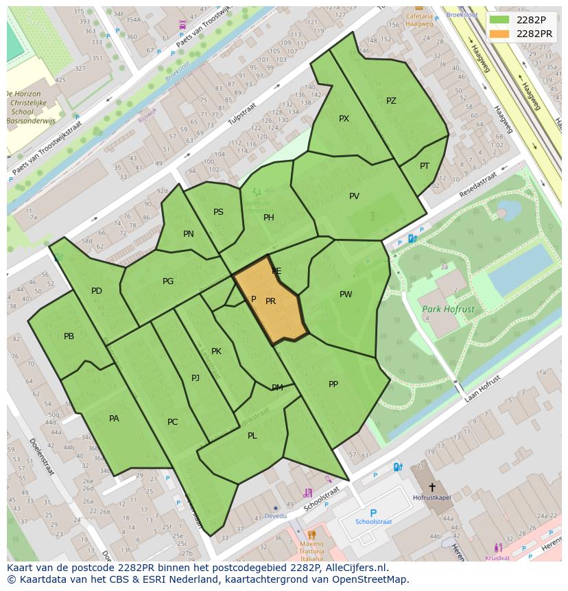 Afbeelding van het postcodegebied 2282 PR op de kaart.