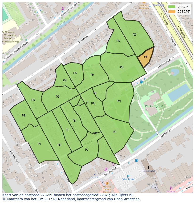 Afbeelding van het postcodegebied 2282 PT op de kaart.