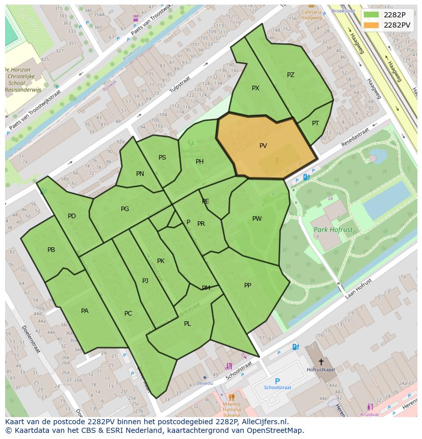 Afbeelding van het postcodegebied 2282 PV op de kaart.