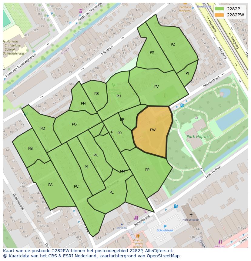 Afbeelding van het postcodegebied 2282 PW op de kaart.