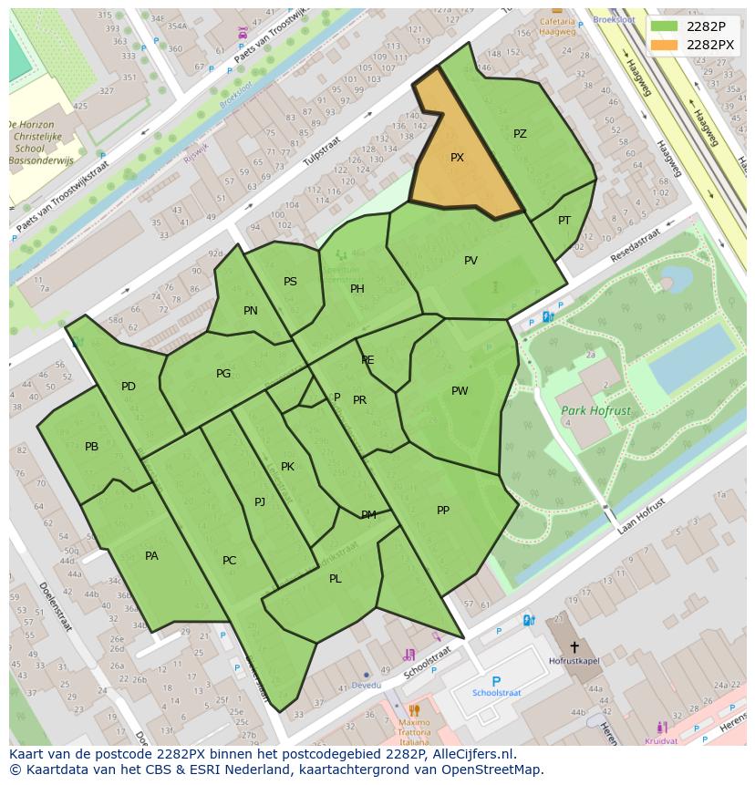 Afbeelding van het postcodegebied 2282 PX op de kaart.
