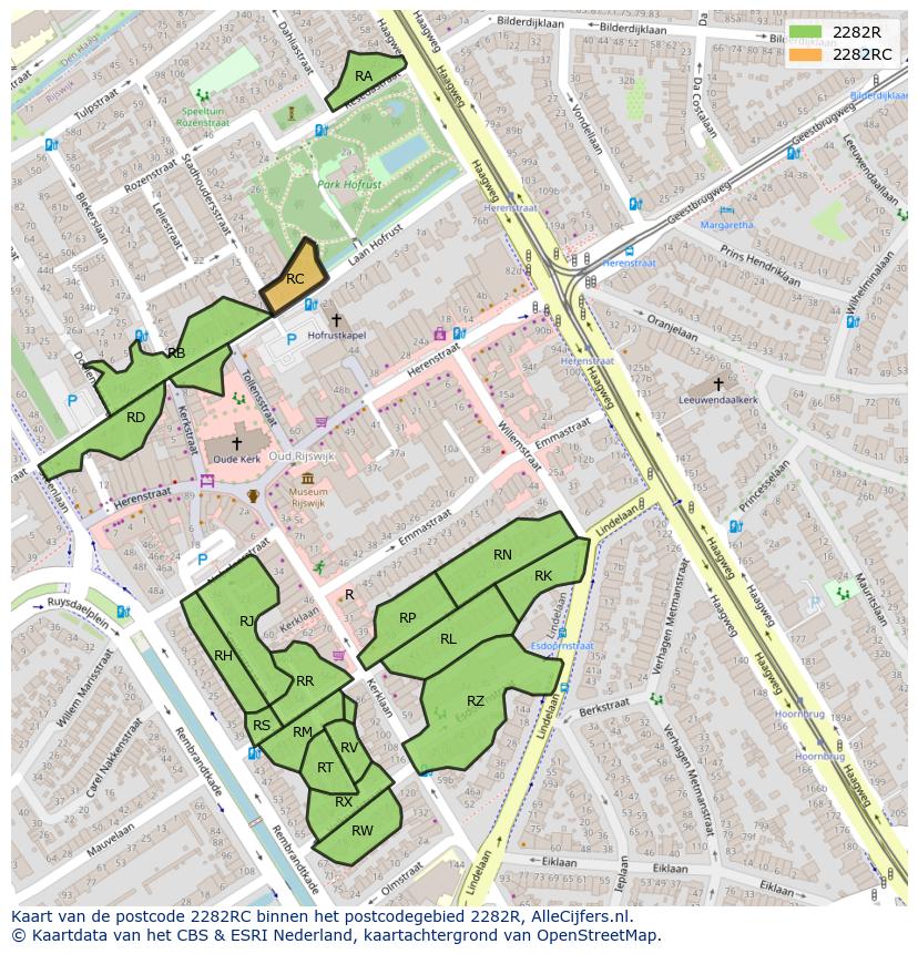 Afbeelding van het postcodegebied 2282 RC op de kaart.