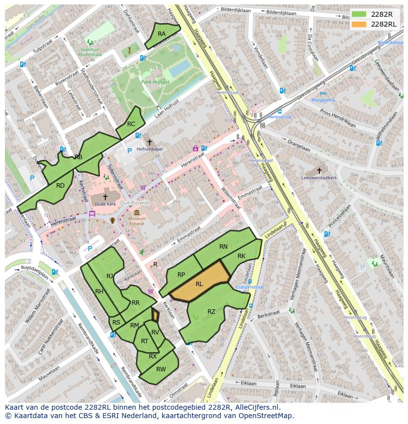 Afbeelding van het postcodegebied 2282 RL op de kaart.