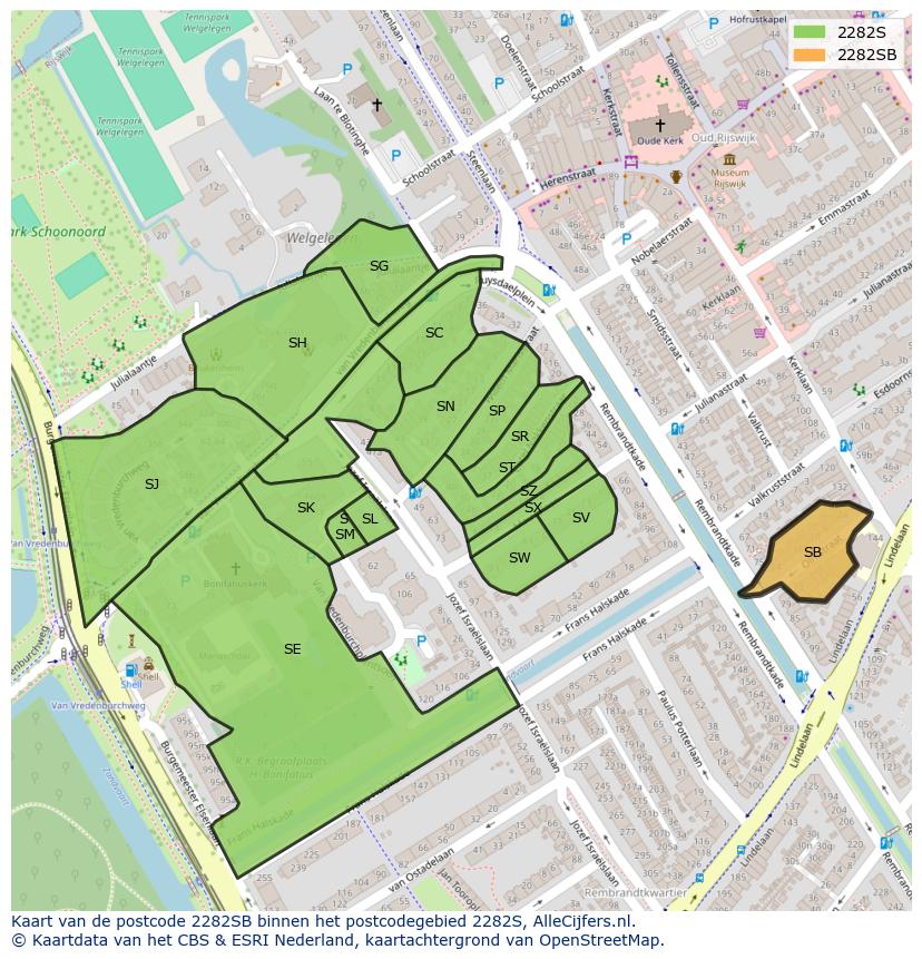 Afbeelding van het postcodegebied 2282 SB op de kaart.