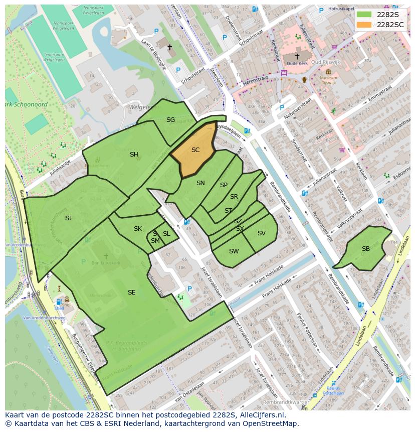 Afbeelding van het postcodegebied 2282 SC op de kaart.