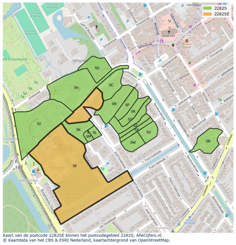Afbeelding van het postcodegebied 2282 SE op de kaart.