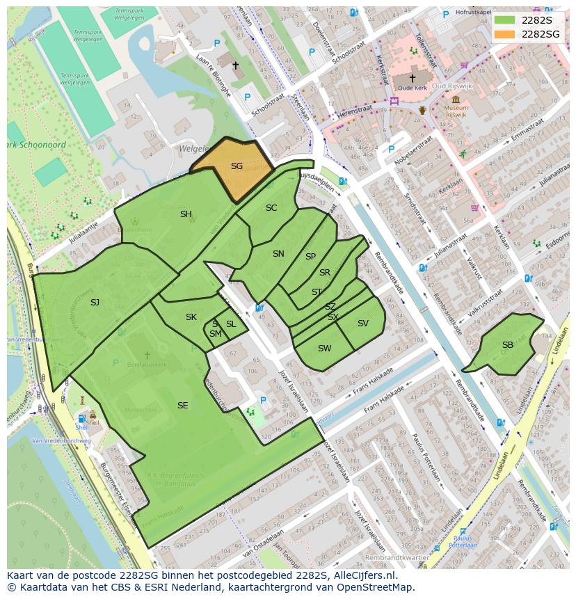 Afbeelding van het postcodegebied 2282 SG op de kaart.