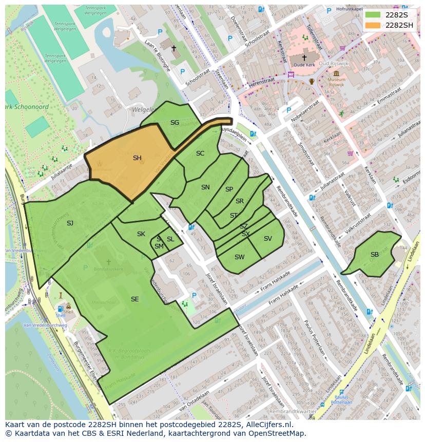 Afbeelding van het postcodegebied 2282 SH op de kaart.