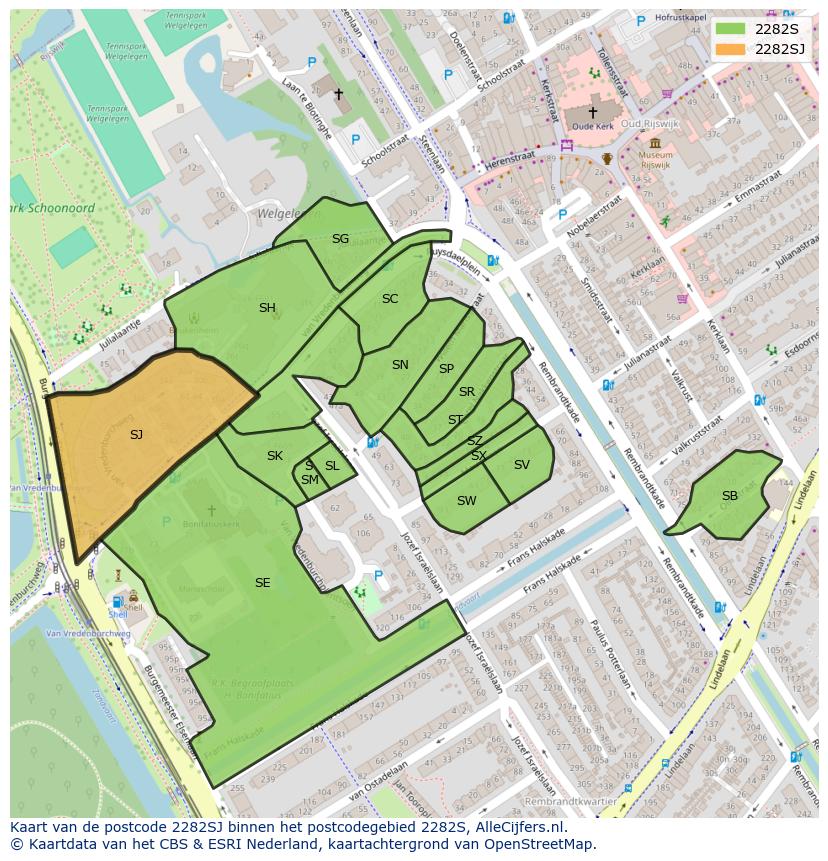 Afbeelding van het postcodegebied 2282 SJ op de kaart.