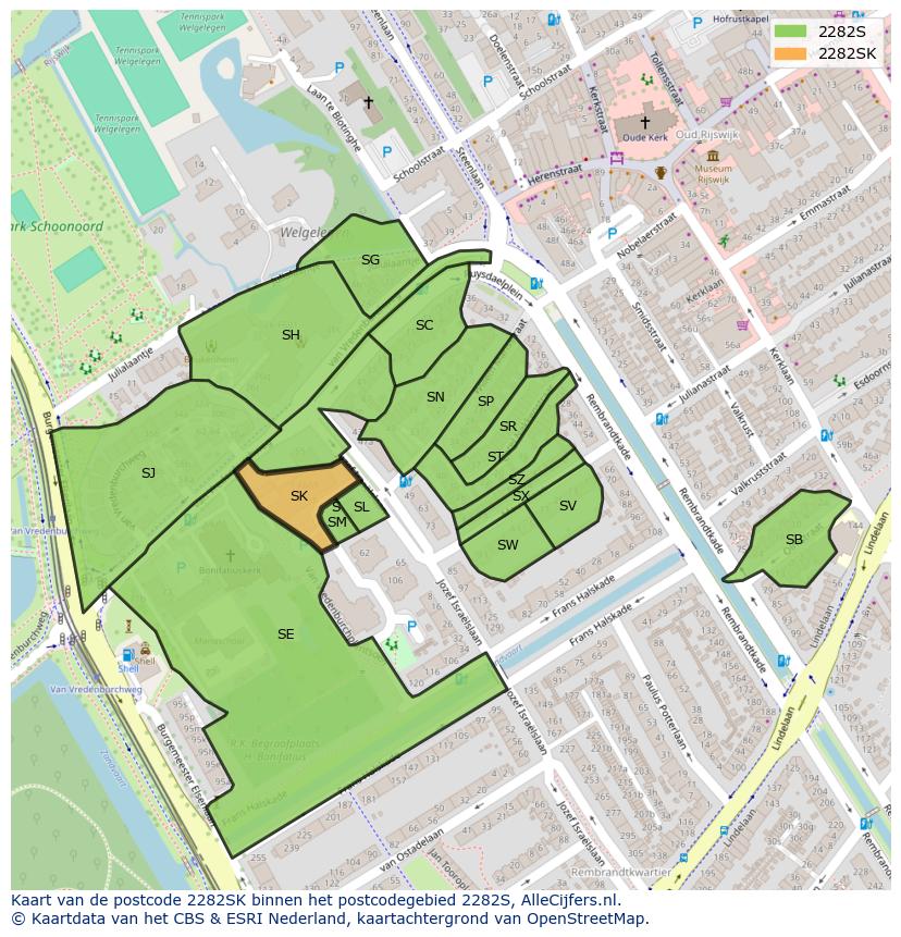 Afbeelding van het postcodegebied 2282 SK op de kaart.