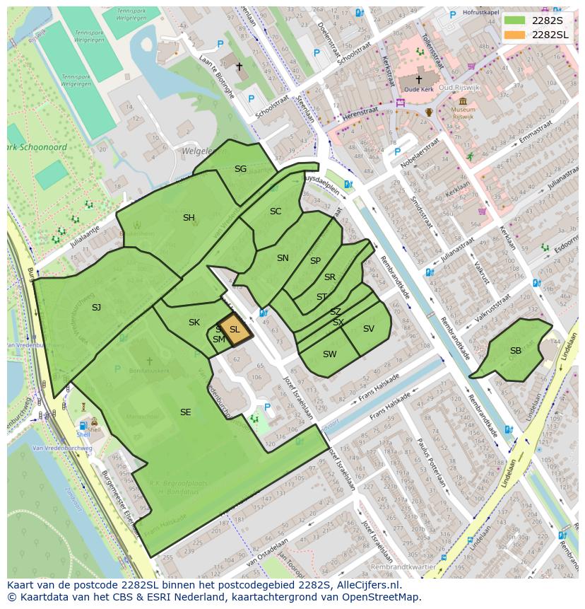 Afbeelding van het postcodegebied 2282 SL op de kaart.