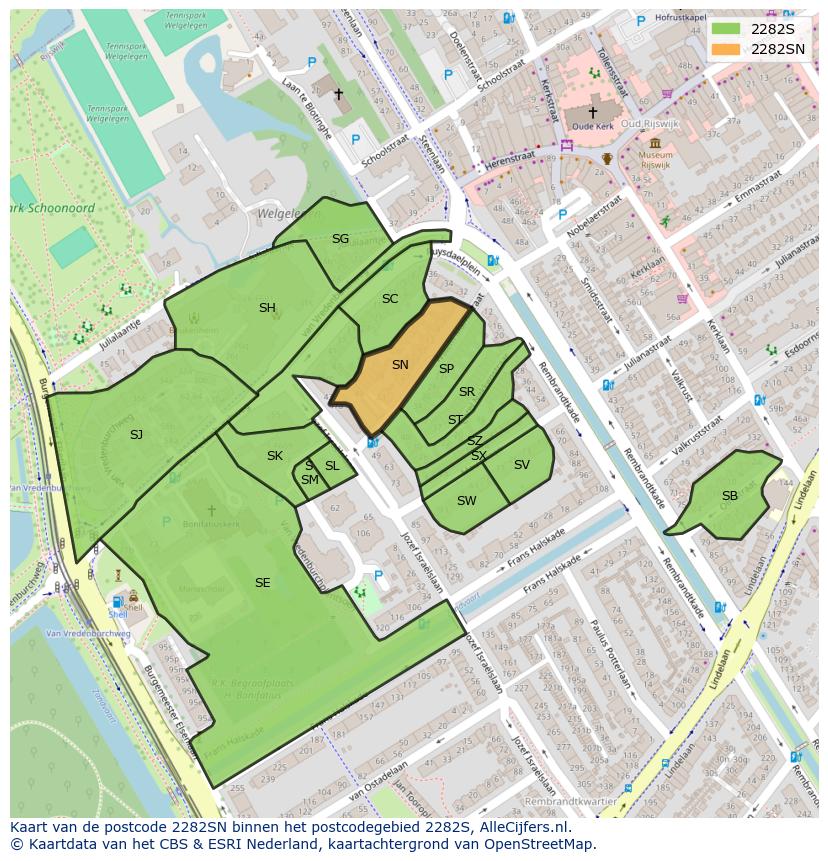Afbeelding van het postcodegebied 2282 SN op de kaart.