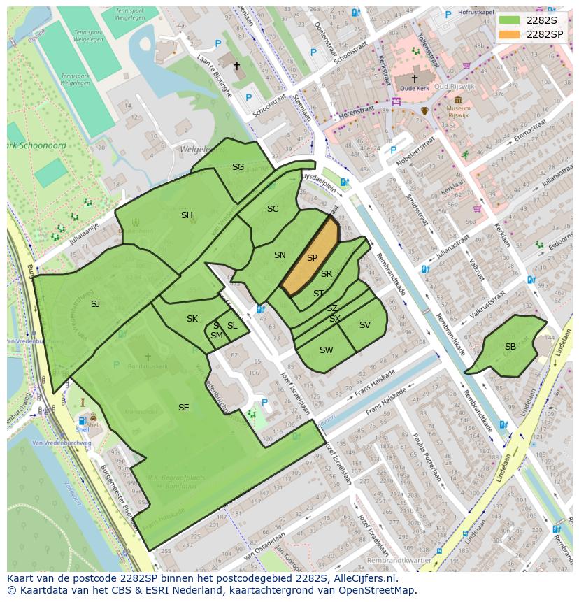 Afbeelding van het postcodegebied 2282 SP op de kaart.