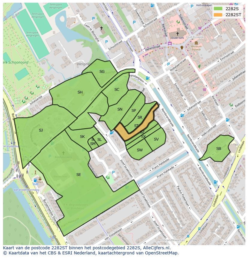 Afbeelding van het postcodegebied 2282 ST op de kaart.