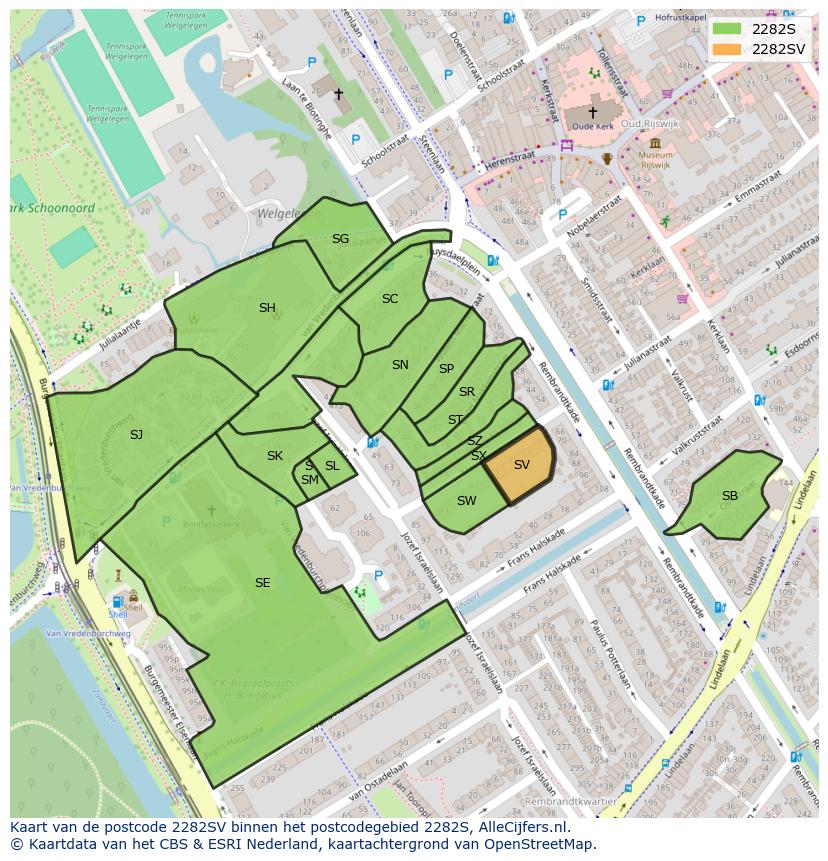 Afbeelding van het postcodegebied 2282 SV op de kaart.