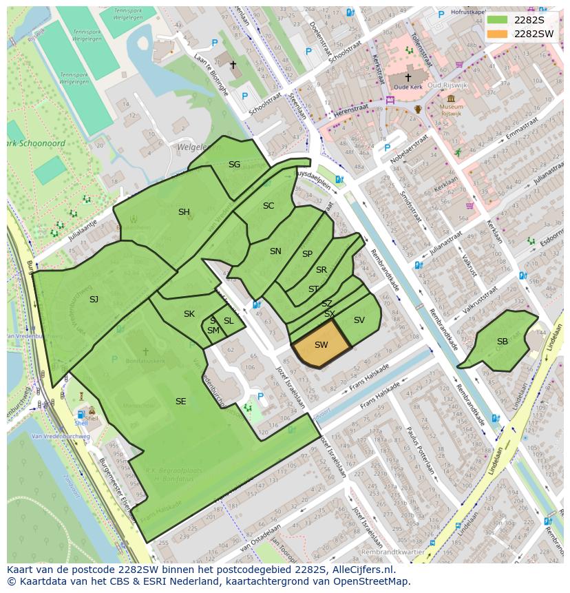 Afbeelding van het postcodegebied 2282 SW op de kaart.
