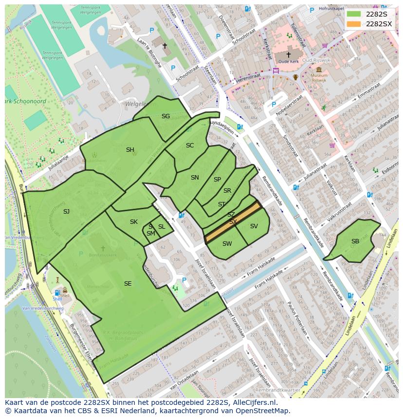 Afbeelding van het postcodegebied 2282 SX op de kaart.