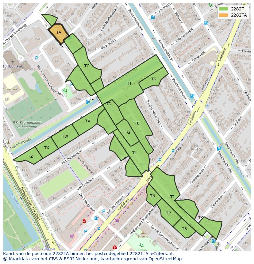 Afbeelding van het postcodegebied 2282 TA op de kaart.
