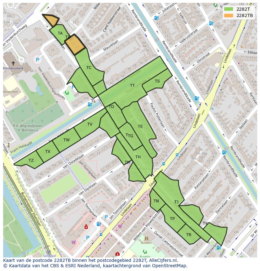 Afbeelding van het postcodegebied 2282 TB op de kaart.
