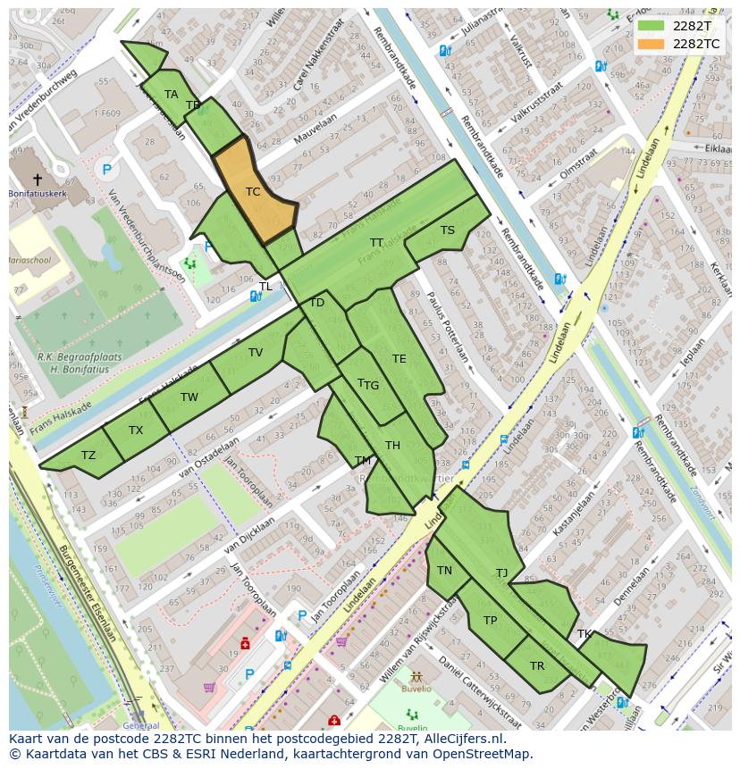 Afbeelding van het postcodegebied 2282 TC op de kaart.