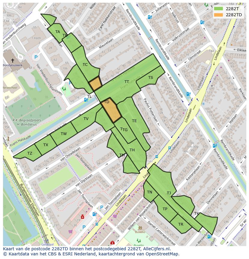 Afbeelding van het postcodegebied 2282 TD op de kaart.