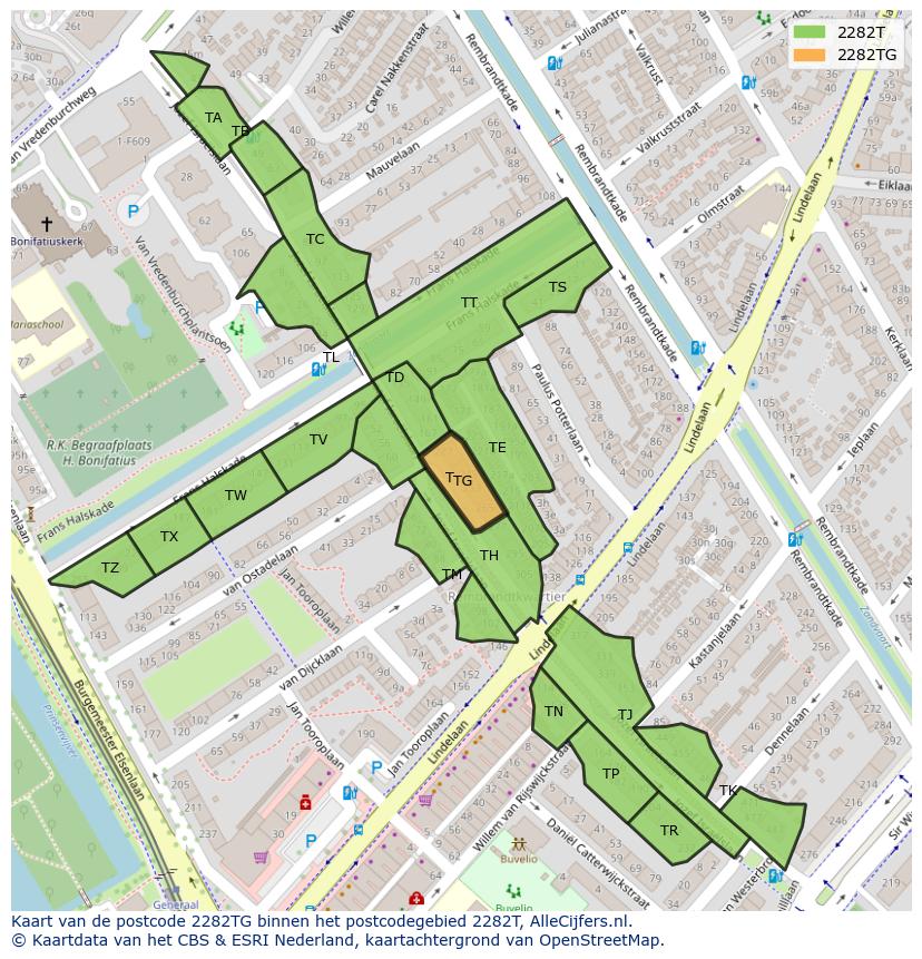 Afbeelding van het postcodegebied 2282 TG op de kaart.