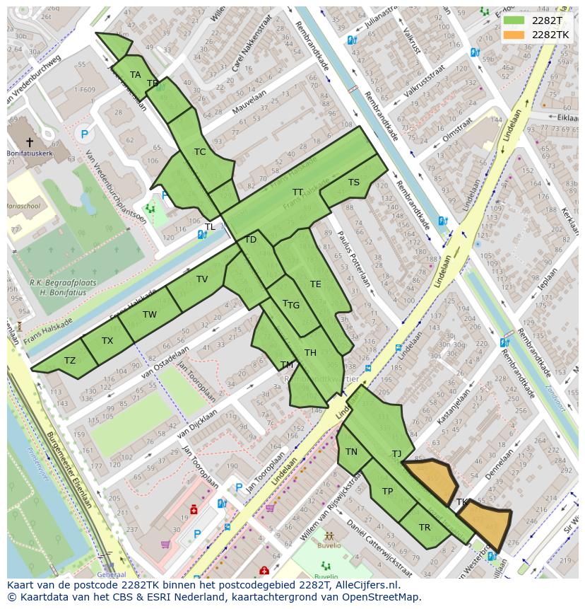 Afbeelding van het postcodegebied 2282 TK op de kaart.