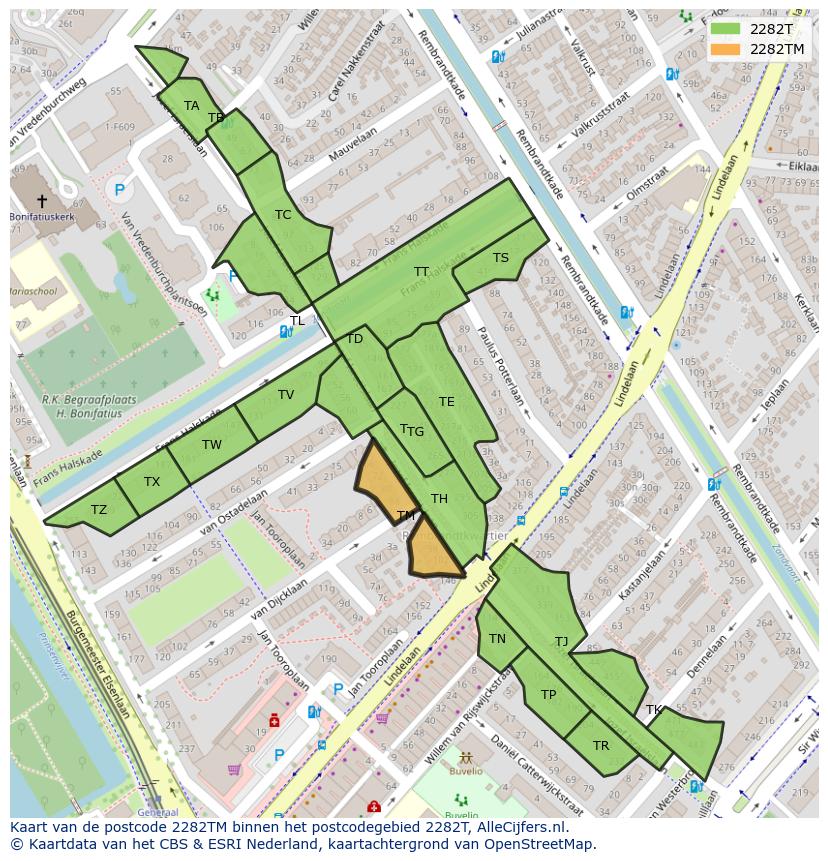 Afbeelding van het postcodegebied 2282 TM op de kaart.