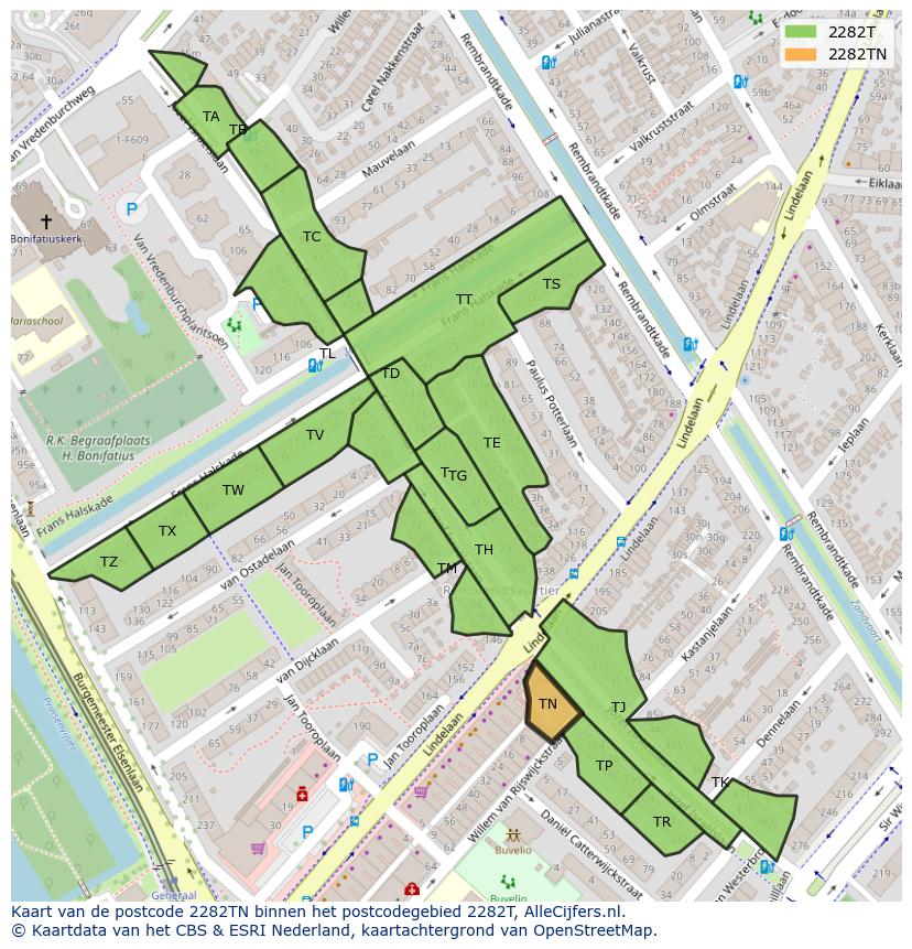 Afbeelding van het postcodegebied 2282 TN op de kaart.