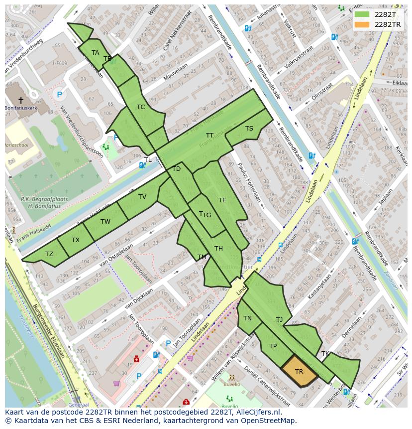 Afbeelding van het postcodegebied 2282 TR op de kaart.
