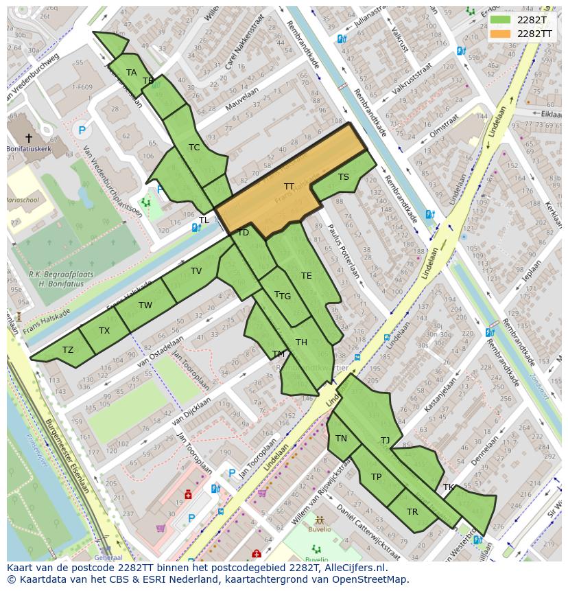 Afbeelding van het postcodegebied 2282 TT op de kaart.