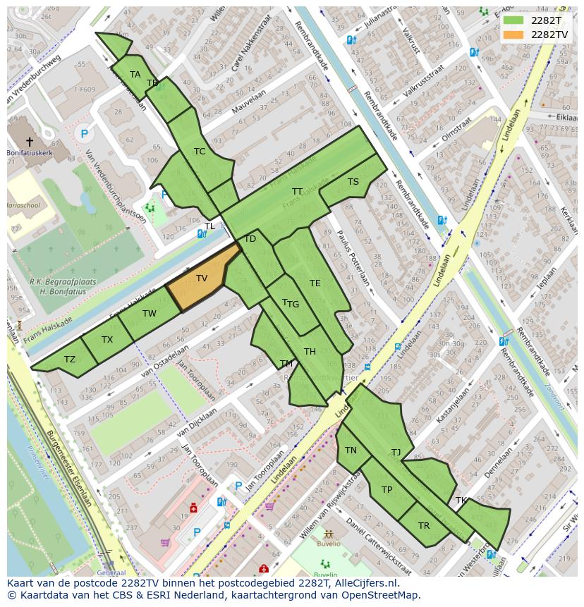 Afbeelding van het postcodegebied 2282 TV op de kaart.