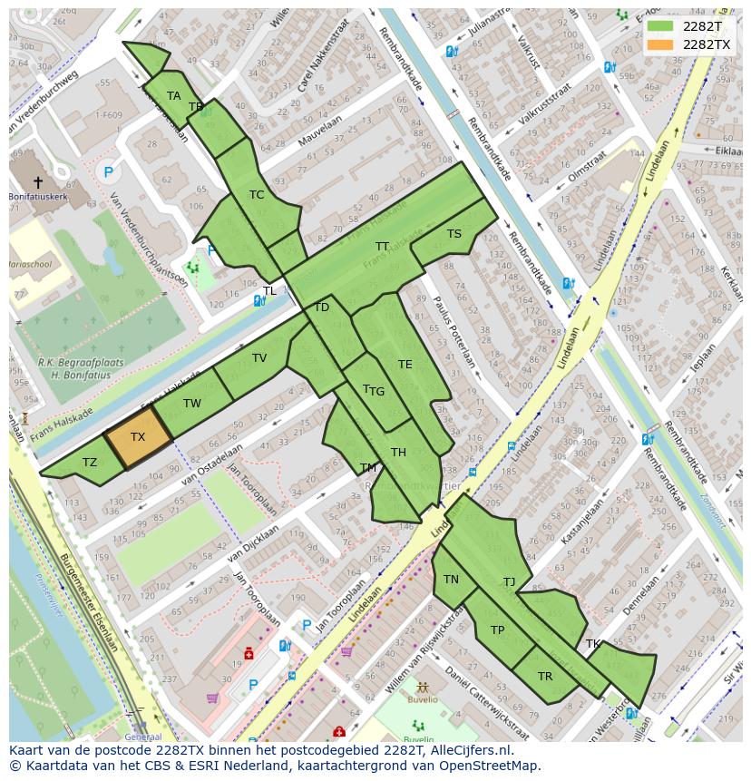 Afbeelding van het postcodegebied 2282 TX op de kaart.