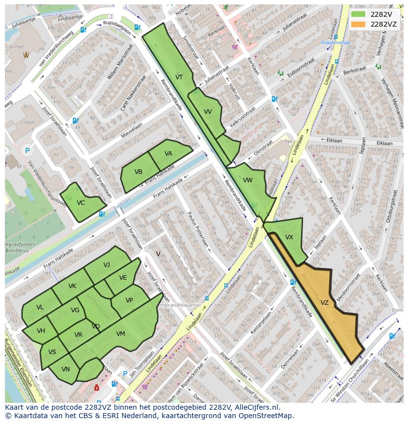 Afbeelding van het postcodegebied 2282 VZ op de kaart.