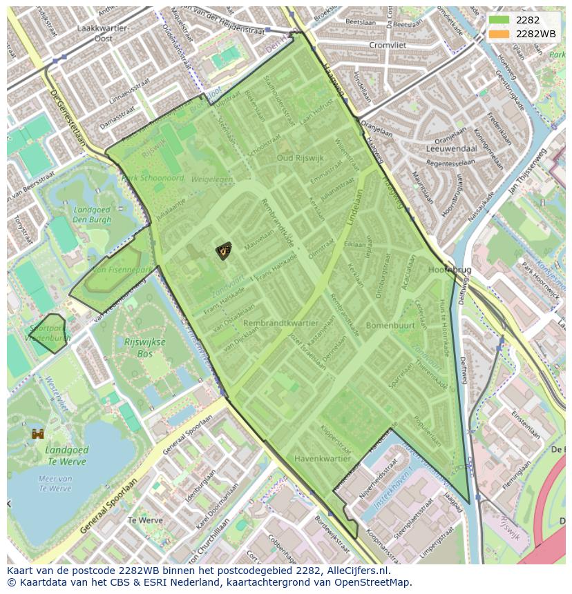 Afbeelding van het postcodegebied 2282 WB op de kaart.