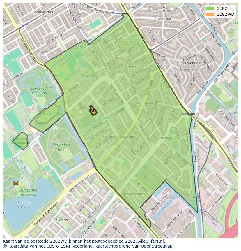 Afbeelding van het postcodegebied 2282 WD op de kaart.