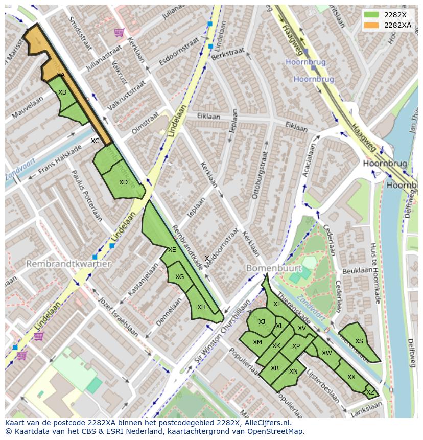 Afbeelding van het postcodegebied 2282 XA op de kaart.