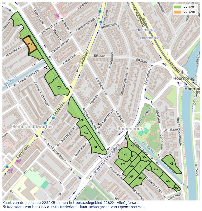 Afbeelding van het postcodegebied 2282 XB op de kaart.