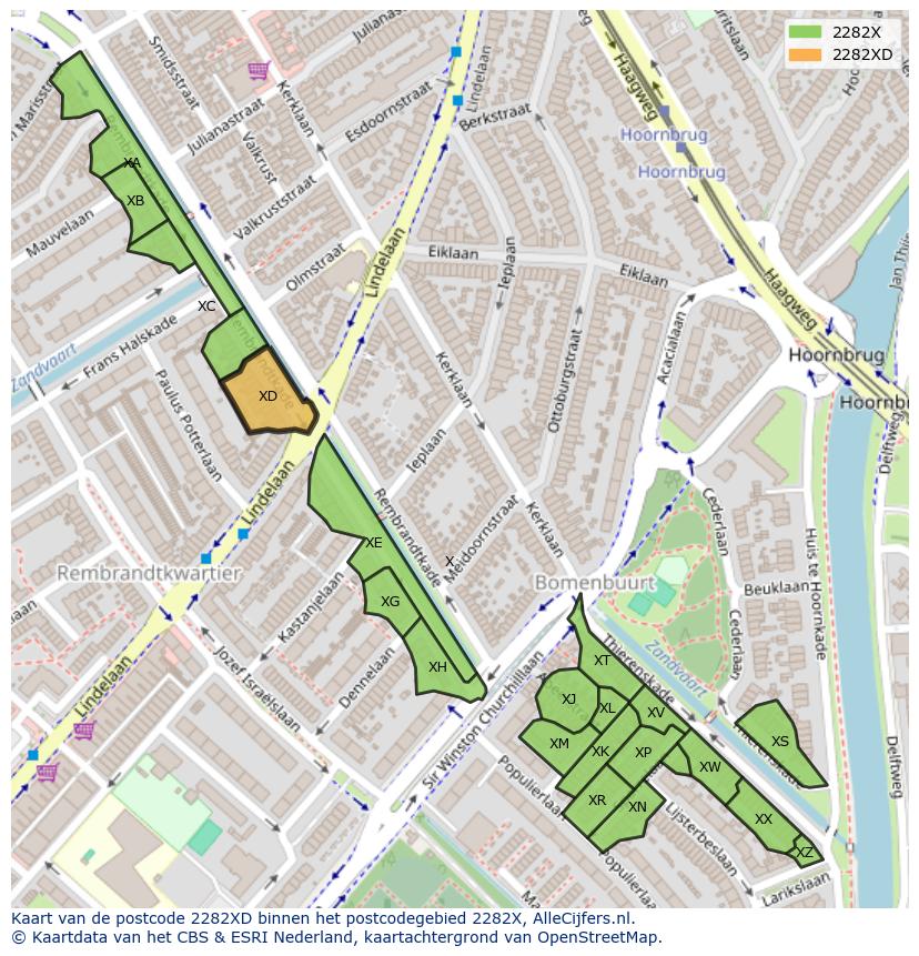 Afbeelding van het postcodegebied 2282 XD op de kaart.