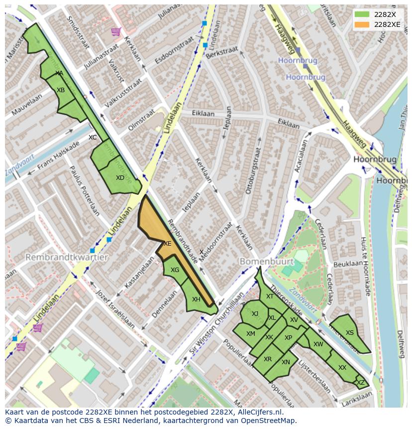 Afbeelding van het postcodegebied 2282 XE op de kaart.