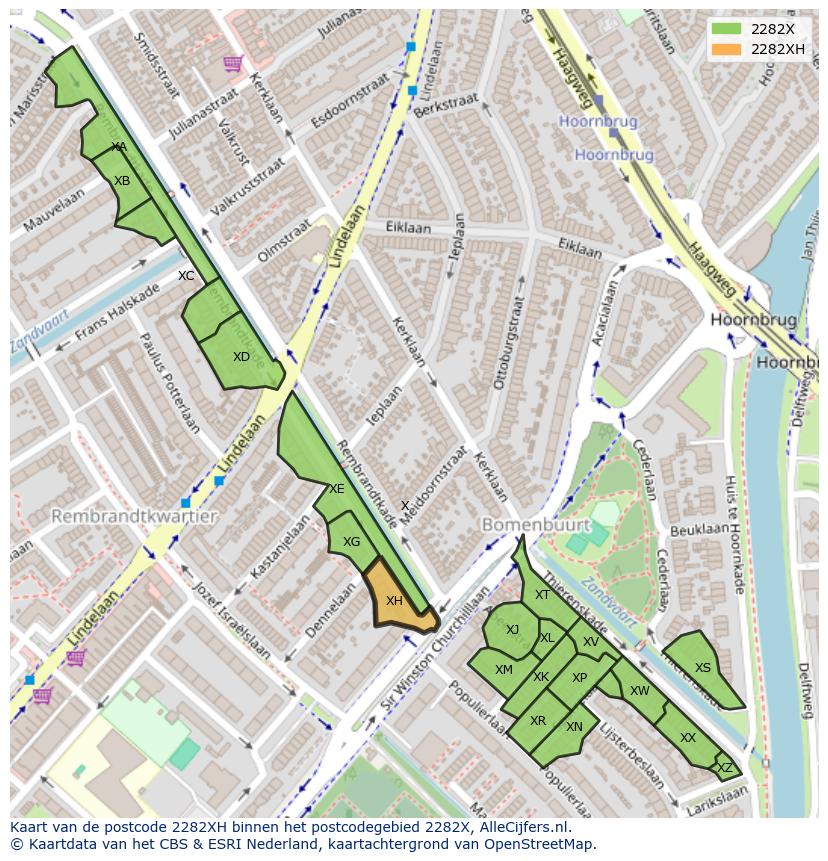 Afbeelding van het postcodegebied 2282 XH op de kaart.