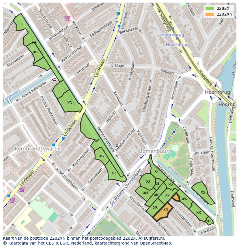 Afbeelding van het postcodegebied 2282 XN op de kaart.
