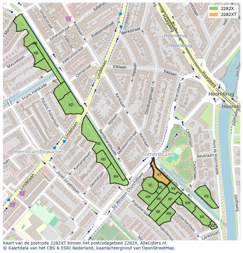Afbeelding van het postcodegebied 2282 XT op de kaart.