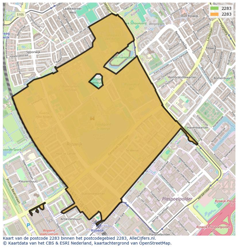 Afbeelding van het postcodegebied 2283 op de kaart.