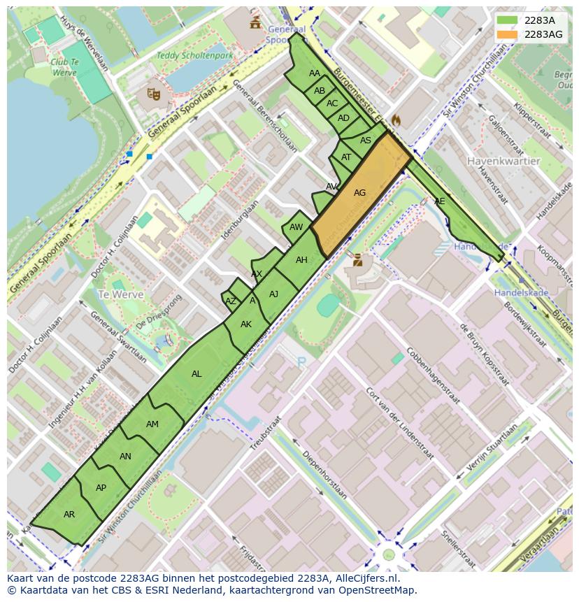 Afbeelding van het postcodegebied 2283 AG op de kaart.