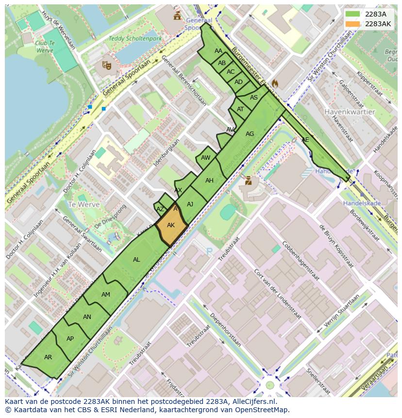 Afbeelding van het postcodegebied 2283 AK op de kaart.
