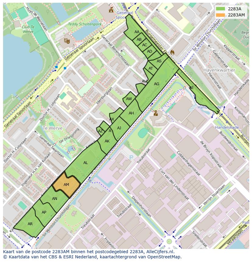 Afbeelding van het postcodegebied 2283 AM op de kaart.