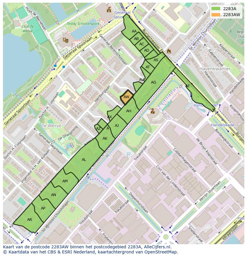 Afbeelding van het postcodegebied 2283 AW op de kaart.
