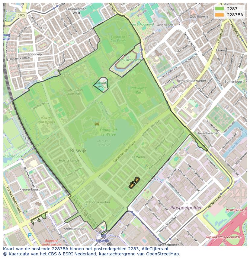 Afbeelding van het postcodegebied 2283 BA op de kaart.