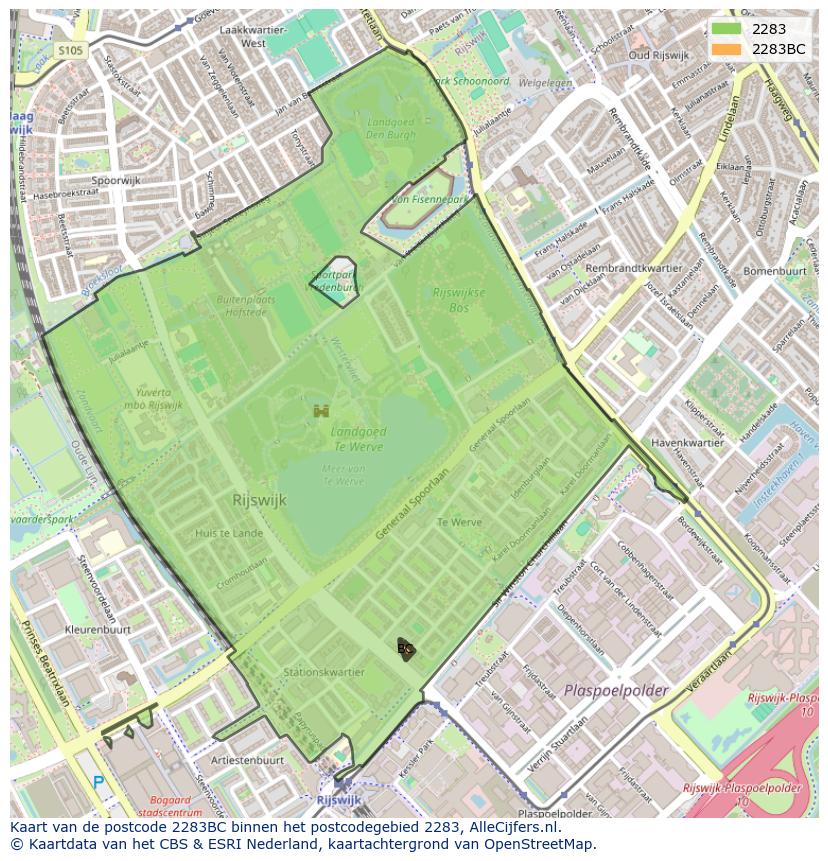 Afbeelding van het postcodegebied 2283 BC op de kaart.